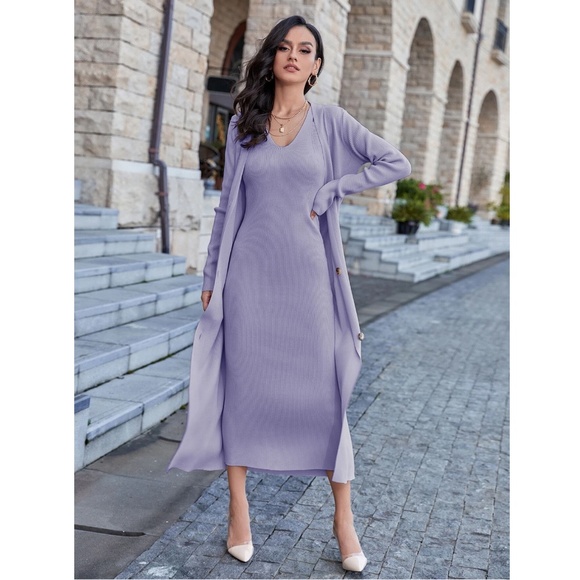 2 Piece Set: Knit Midi Pencil Dress and Long Cardigan Button Through - Picture 8 of 13
